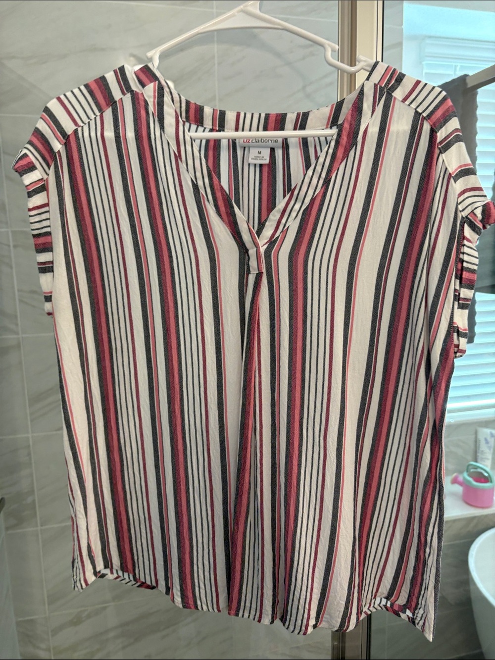 Liz Claiborne White Blouse with Pink and Black Stripes